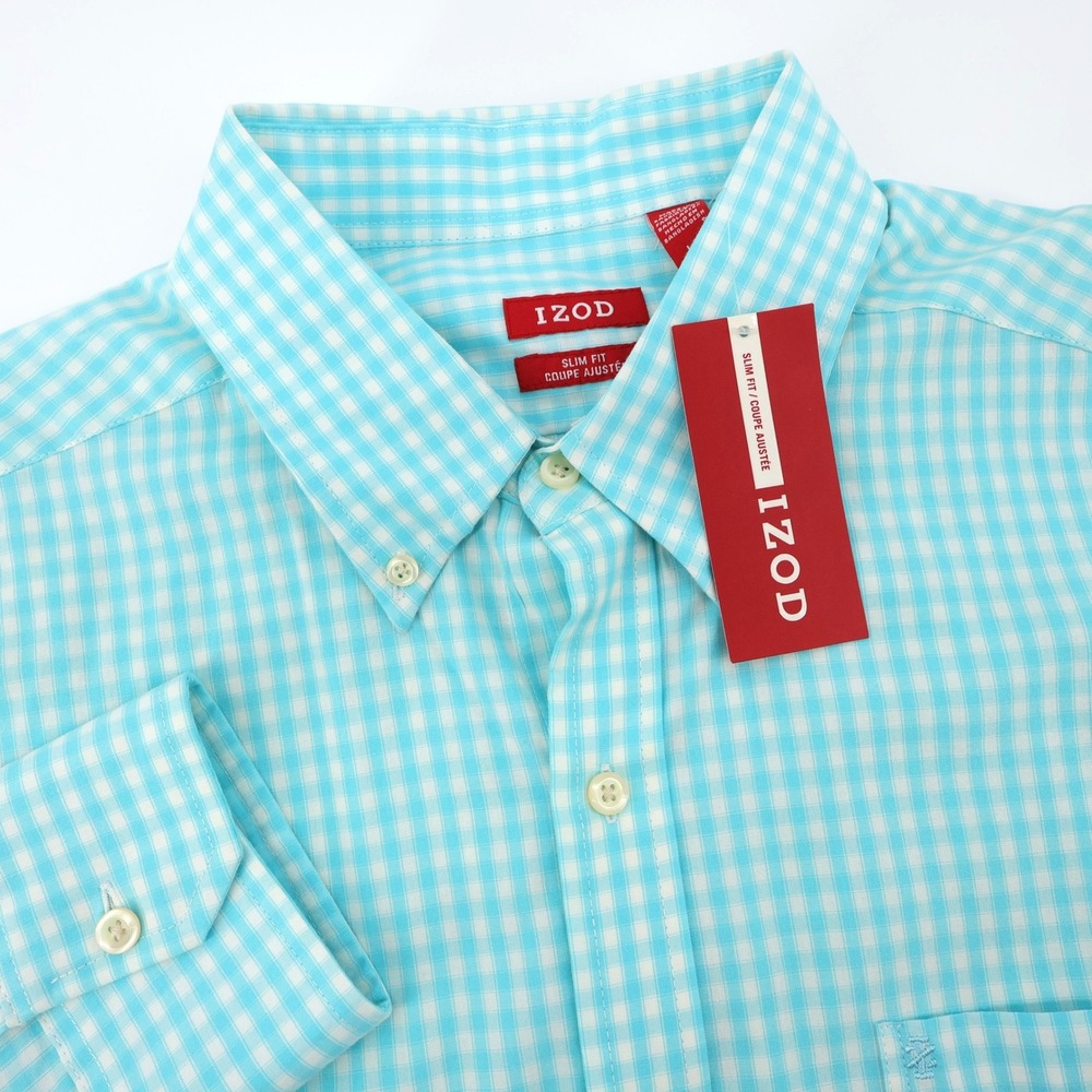 NEW IZOD Slim Fit Gingham Button Down Shirt Blue Radiance Long Sleeve Mens Large